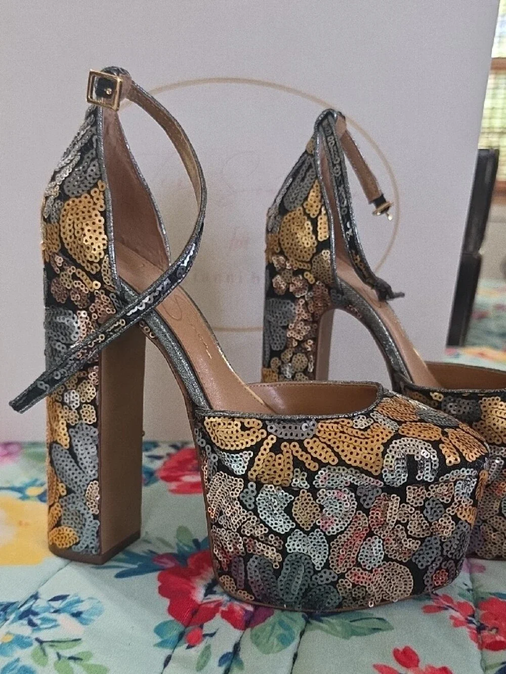 Gianni Bini Gold, Silver & Blue Sequin Floral Platform Heels